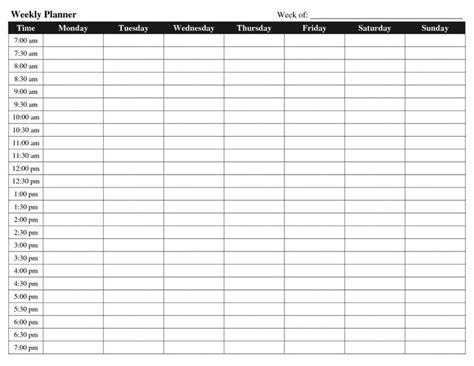 7 day week calendar template