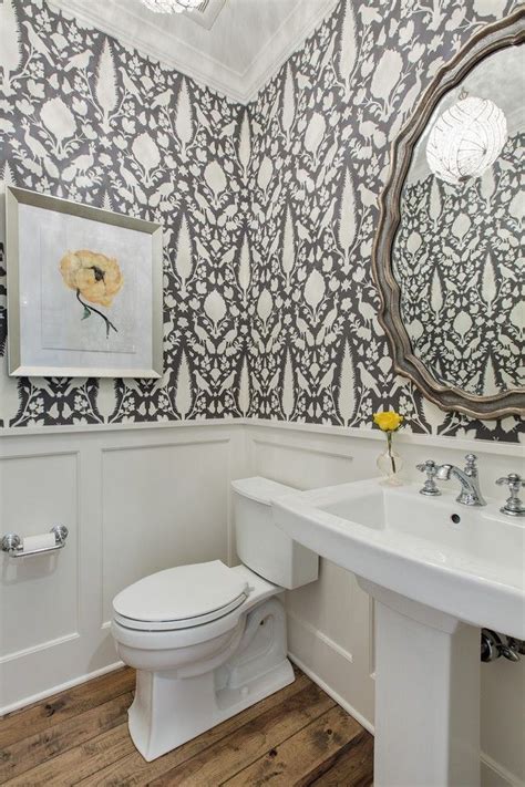 Floral Wallpaper Powder Room Traditional With Wainscoting Modern