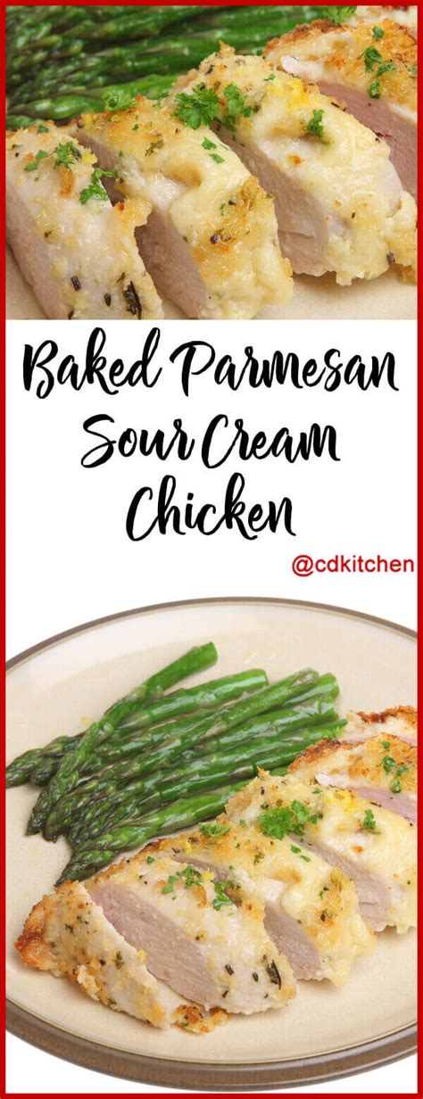 My version of chicken parmesan is a little different than what they do in the restaurants, with less sauce and a crispier crust. Baked Parmesan Sour Cream Chicken Recipe | CDKitchen.com
