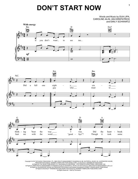 dua lipa don t start now sheet music and pdf chords piano vocal and guitar pop music notes sku