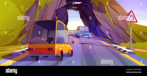 Two Car Ride Tunnel Road With Warning Sign Vector Cartoon Landscape