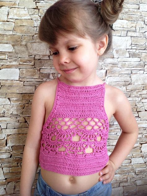 Crochet Kids Top High Neck Crop Top For Toddler Girl Pink Boho Etsy