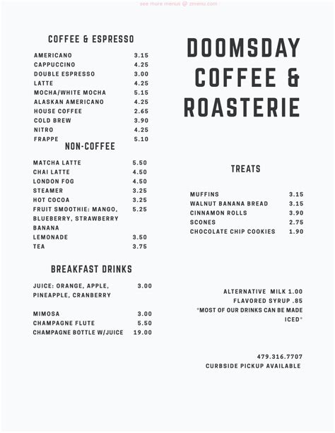 Maybe you would like to learn more about one of these? Online Menu of Doomsday Coffee & Roasterie Restaurant, Fayetteville, Arkansas, 72701 - Zmenu
