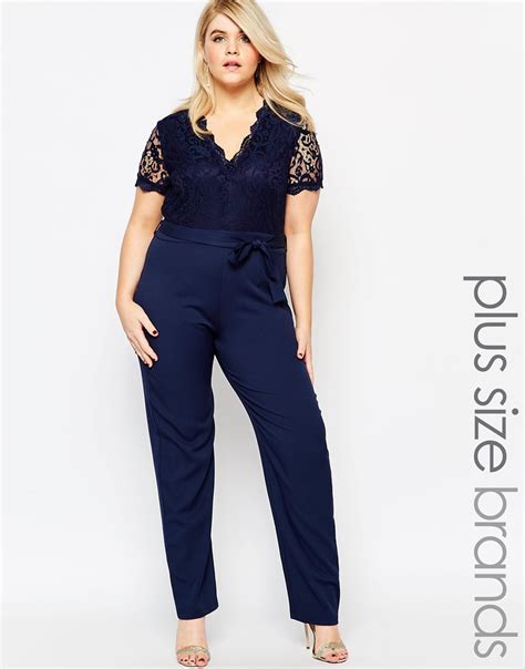 Club L Plus Size Jumpsuit With Scallop Lace Top In Navy Blue Lyst