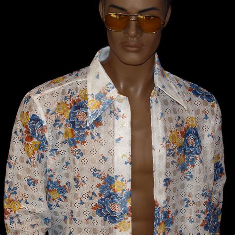 Mens 1970s Button Up Shirt Long Sleeve Slim Fit Butterfly Collar