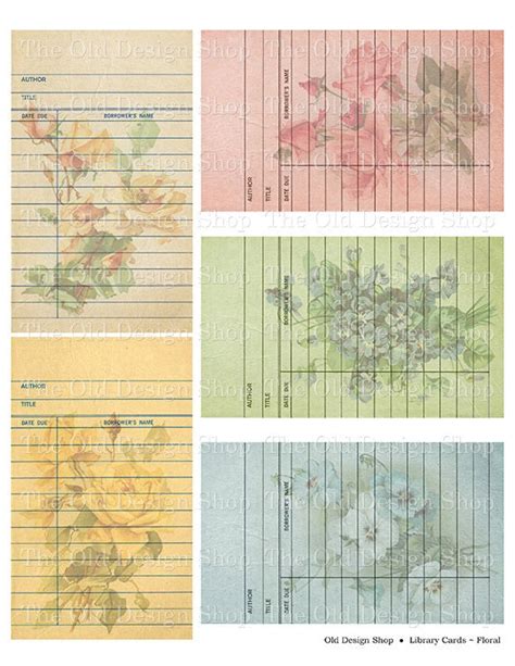 Floral Library Cards Vintage Style Printable Digital Collage