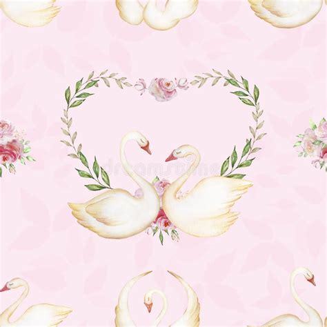 Seamless Pattern Of Watercolor Swans Flowers And Leaves Stock