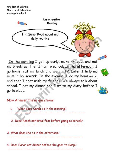 Daily Routines Reading Comprehension Worksheet