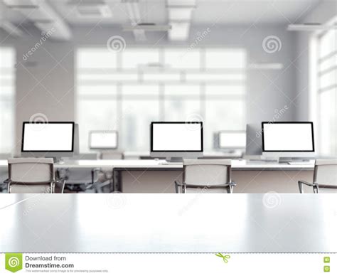 Coworking Office Interior With Multiple Computer Screens 3d Rendering