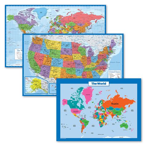 Buy 3 Pack World And Usa Map Poster Set Blue Ocean World Map Chart