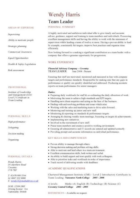 Jobseekers may download and use this cv example for their own personal use to help them create their own cvs. Team leader CV sample