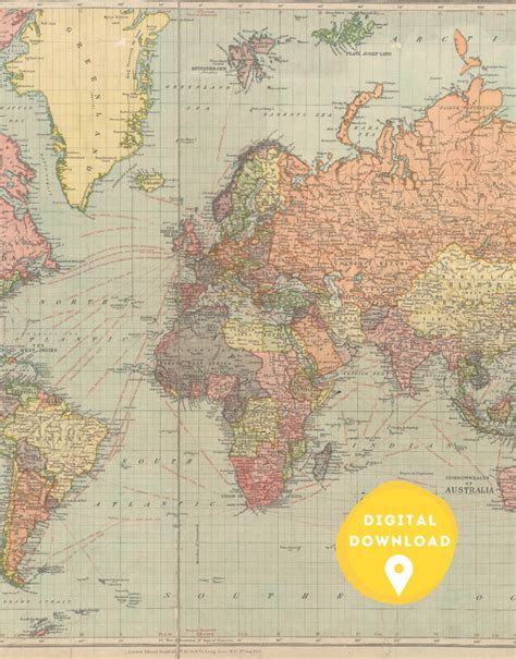 World Map Vintage School Map World Atlas Printable Art Map Etsy Canada