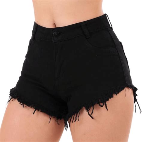 Shorts Jeans Preto Feminino Cintura Alta Destroyed Levanta Bumbum