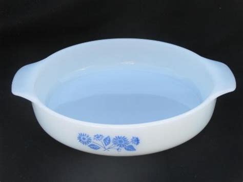 Fire king, cornflower pattern, oval baking dish, 9 inch round baking dish, (handle to handle 10.5) 2 inches deep. vintage Fire-King glass ovenware, blue flower cornflower ...