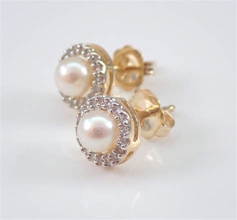 Pearl And Diamond Halo Stud Earrings 14K Yellow Gold June Birthstone
