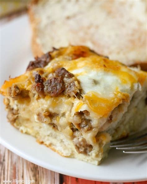 Stir in potatoes, cooked sausage, vegetables, 1 cup of the cheese and 1 tablespoon of the basil. FAVORITE Biscuit Egg Casserole Recipe | Lil' Luna