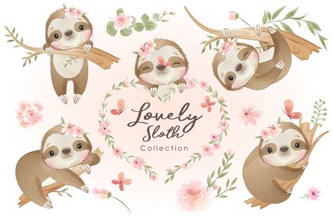 Cute Sloth With Floral Clipart With Watercolor Illustration Etsy