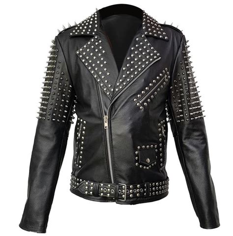 Men Real Black Leather Jacket Spike Studded Rock Star Rebelsmarket