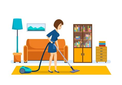 Girl Is Cleaning Vacuuming In The Room Putting In Order ⬇ Vector