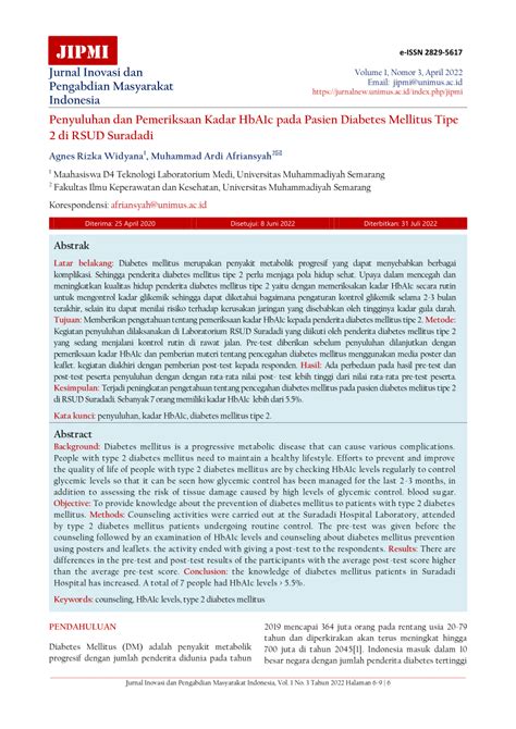 PDF Penyuluhan Dan Pemeriksaan Kadar HbA1c Pada Pasien Diabetes