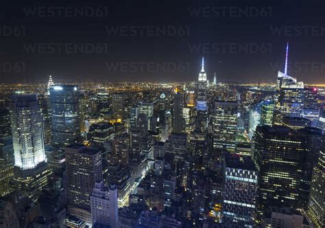 Usa New York City View To Midtown Manhattan At Night From Above