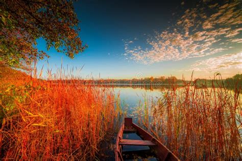 Scenic Beautiful Fall Autumn Lake Landscape Scenery At Sundown Stock