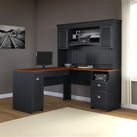 Amazon Com Fairview L Shaped Desk With Hutch In Antique Black Kitchen