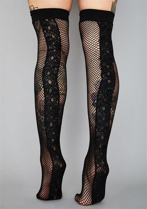 Black Fishnet Thigh Highs Lace Trim Dolls Kill