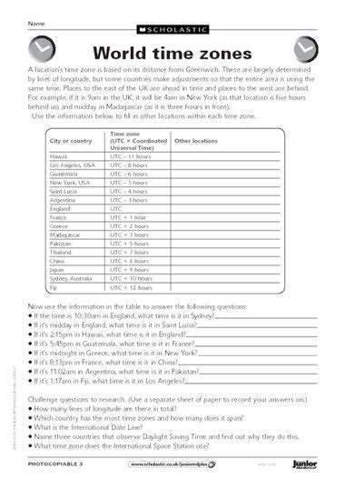 Discover the natural world with topographical maps and facts about latitude, longitude, and time zones. World time zones - activities - Primary KS2 teaching ...