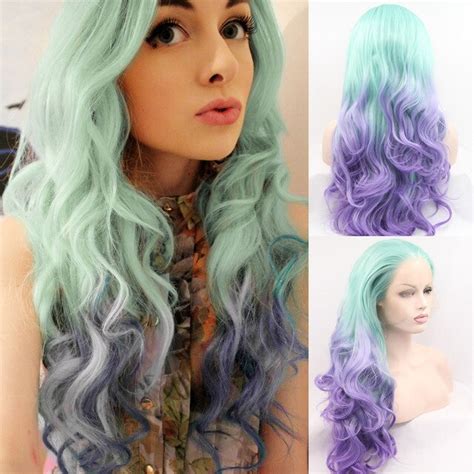 Synthetic Lace Front Wig Ombre Blue To Purple Body Wave Heat Resistant Fiber Long Hair Wig For