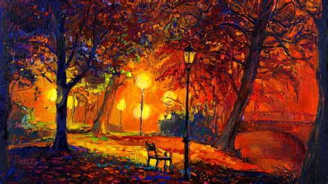 1920x1080 Digital Art Nature Trees Painting Park Bench Lamps Fall