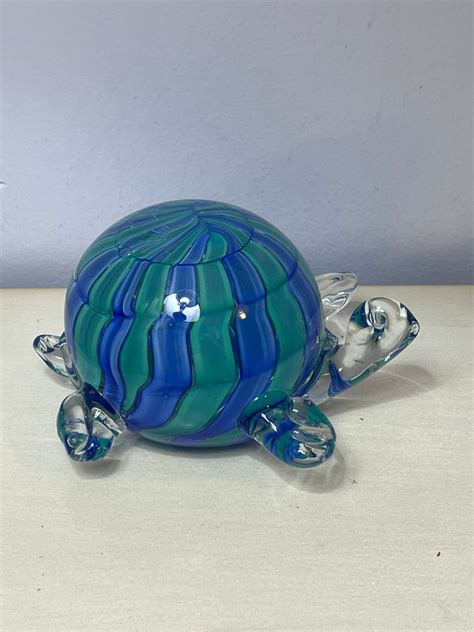 Blown Glass Turtle Figurine Encased Blue And Green Art Glass Paperweight