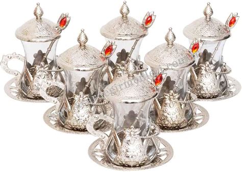 Amazon Com Havluland Sale Set Of Turkish Tea Glasses Saucers Holders Set Silver Tea Sets