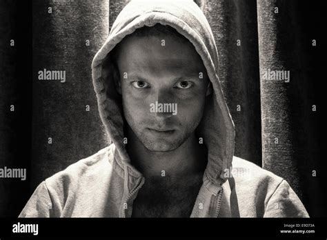 Black And White Portrait Of Young Caucasian Man In Hood Stock Photo Alamy