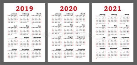 Calendario 2019 2020 2021 Años Sistema Colorido Del Vector Comienzo De La Semana Stock De