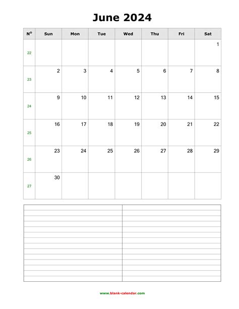 Download June 2024 Blank Calendar With Space For Notes Vertical