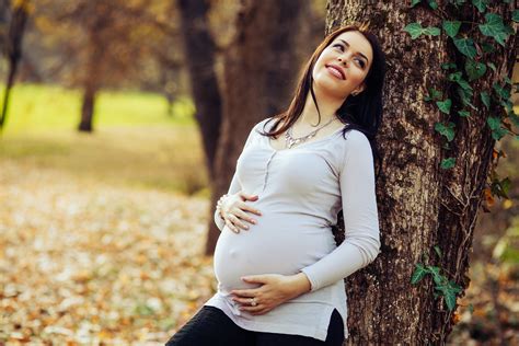 Pregnant Woman Posing In The Park Leaning On A Tree The Pulse