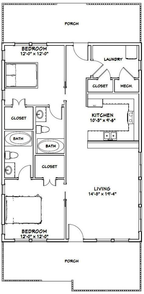 28x40 House 2 Bedroom 2 Bath 1120 Sq Ft Pdf Floor Plan Instant