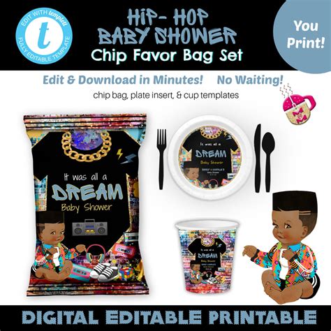 Editable Hip Hop Baby Shower Chip Bag Set Hip Hop 9oz Cup Label Hip