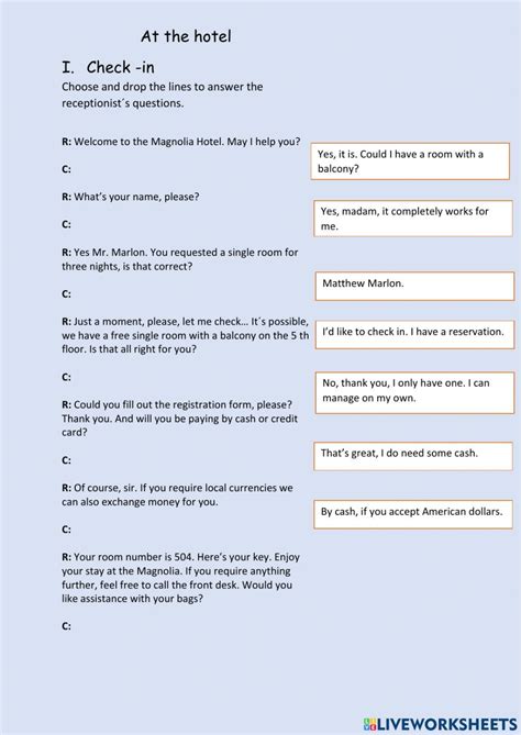 At The Hotel Reception Interactive Worksheet At The Hotel Hotel