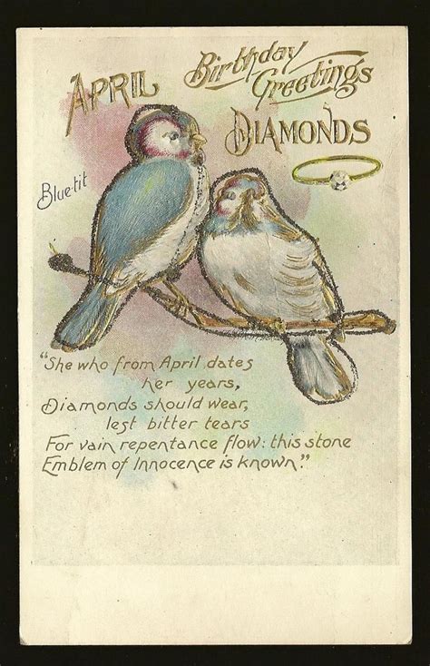 April Birthday Postcard Diamond Birthstone Blue Tits By Fred Lounsbury