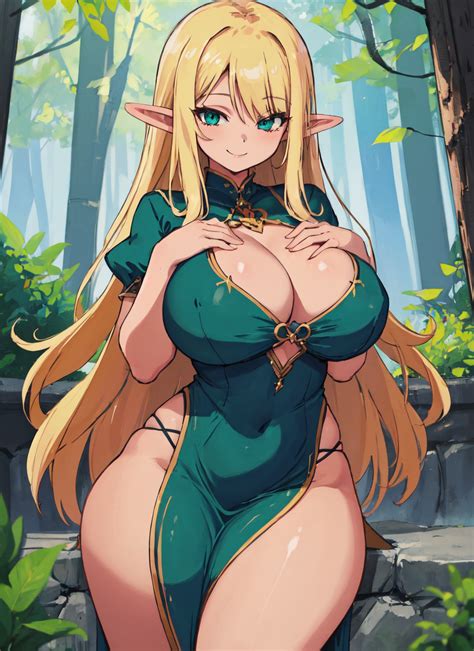 Rule 34 1girls Ai Generated Big Breasts Blonde Hair Cleavage Cleavage Cutout Dress Elf Forest