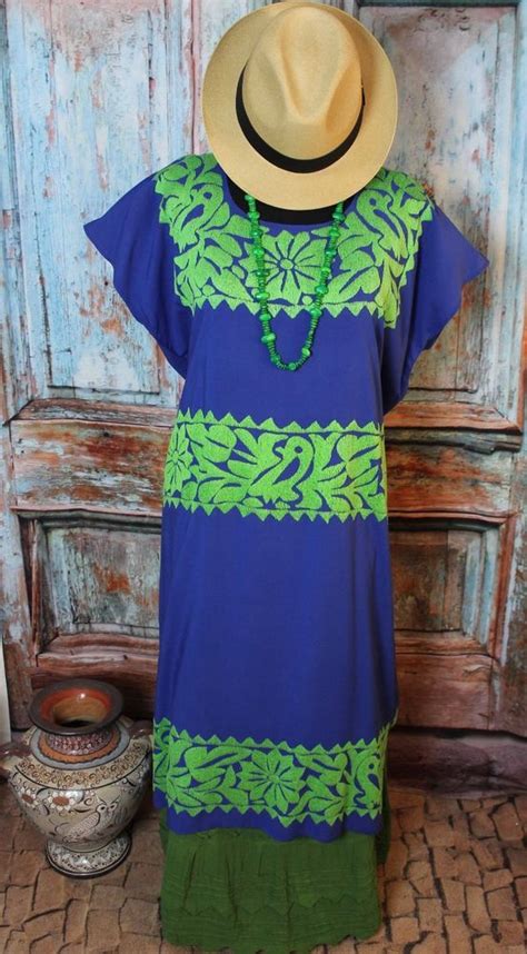 2xl hand embroidered huipil dress royal blue and lime jalapa oaxaca mexican hippie handmade