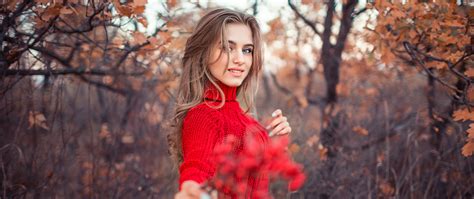 2560x1080 Girl In Red Dress Autumn 4k 2560x1080 Resolution Hd 4k