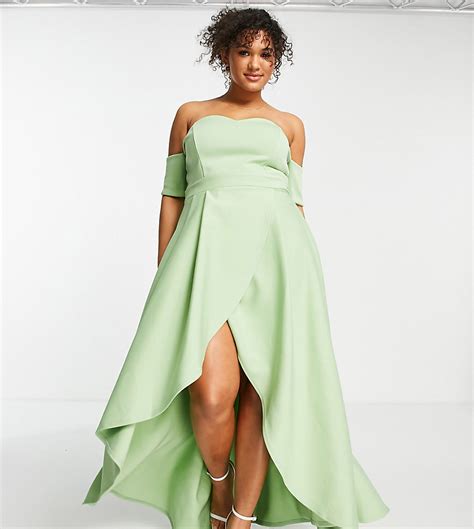 True Violet Plus Off Shoulder High Low Dress In Sage Green Modesens