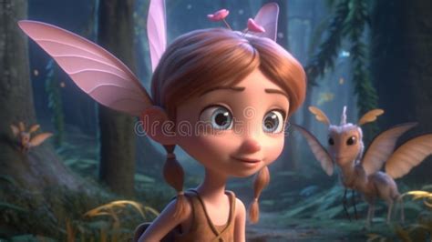 Cute Cartoon Fairy With Wings In A Magical Forest Stock Illustration