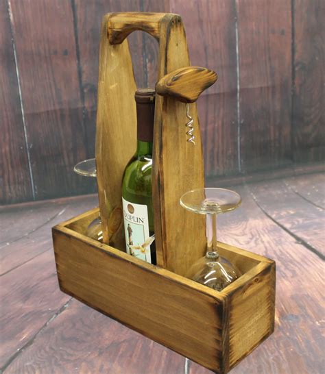 Rustic Wood Wine Caddy Wooden Wine Bottle And Glasses Holder