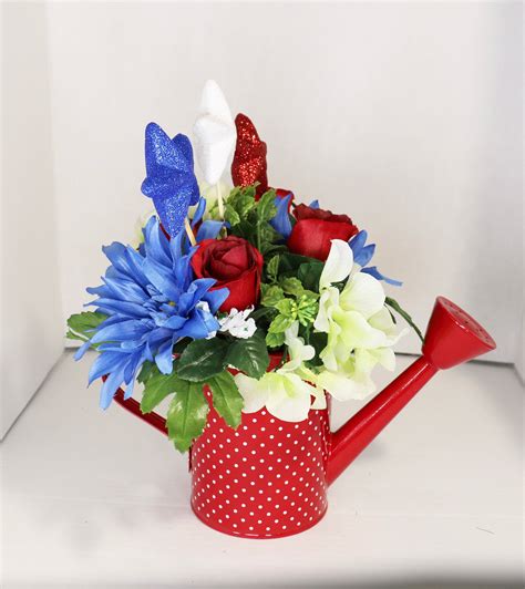 Watering Can Flower Arrangement Patriotic Centerpiece Red Etsy