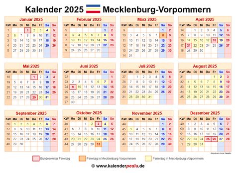 Kalender 2025 Mecklenburg Vorpommern Ferien Feiertage Word Vorlagen