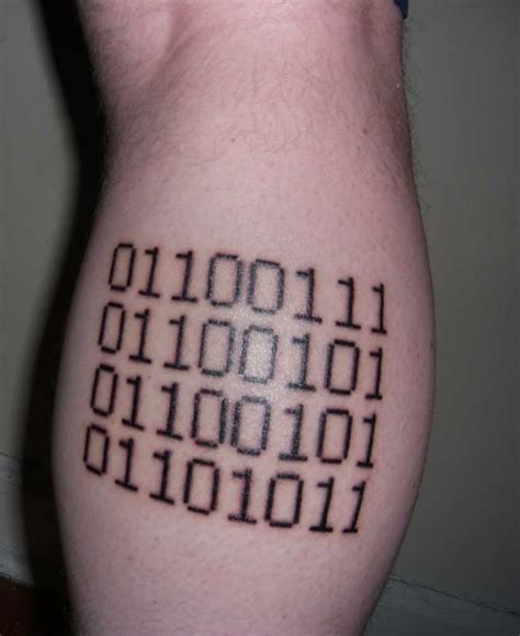 Awesome Black Ink Binary Code Geek Tattoo On Leg Tattooimagesbiz